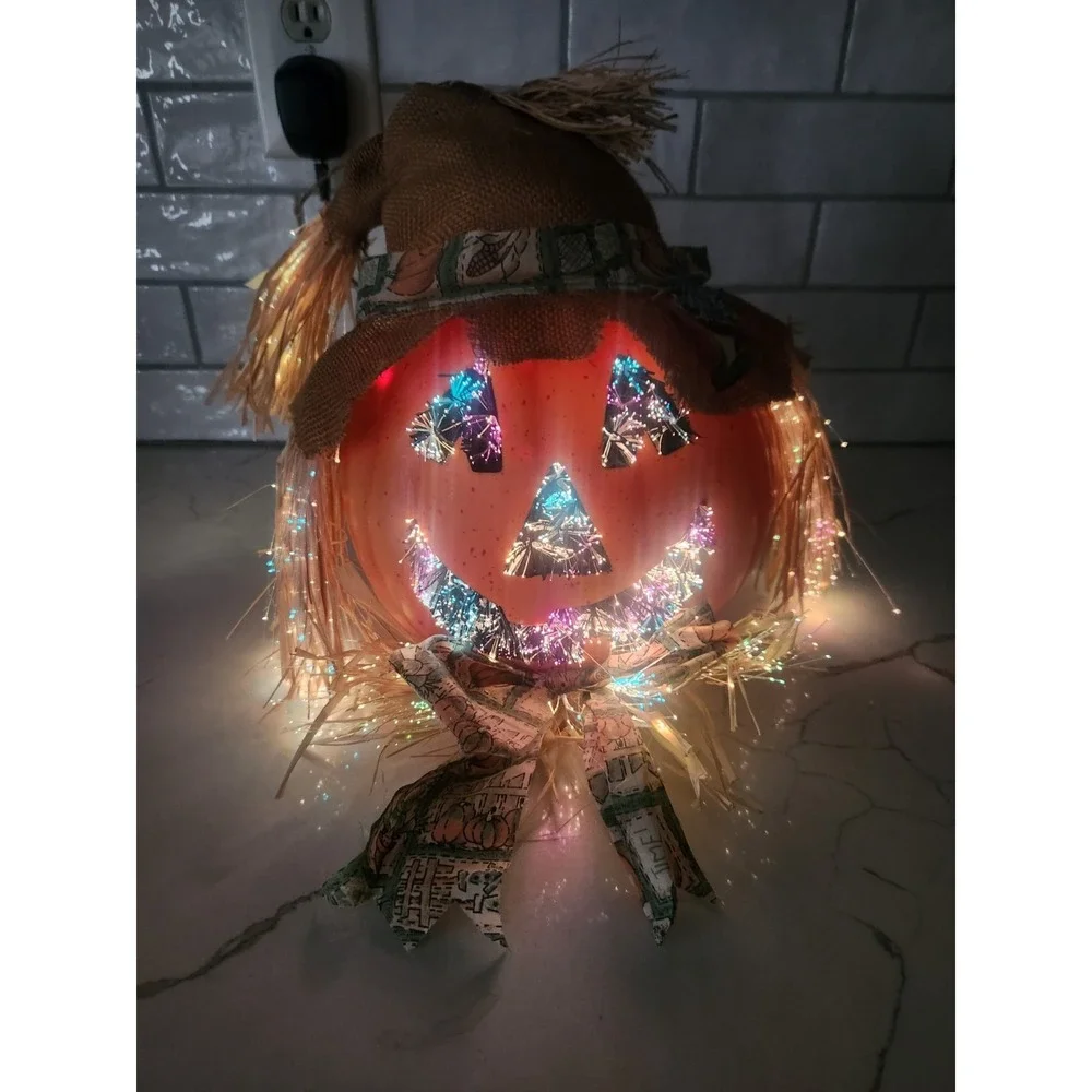 Vtg. Halloween Scarecrow Fall Pumpkin Fiber Optic Color Changing Jack O Lantern